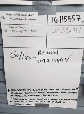Handwritten prize board listing tournament prizes 36 through 50 and a 50/50 draw