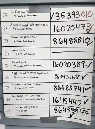 Handwritten prize board listing tournament prizes 27 through 35