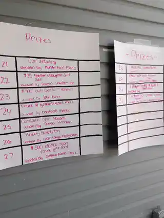 Handwritten prize board listing donated tournament prizes
