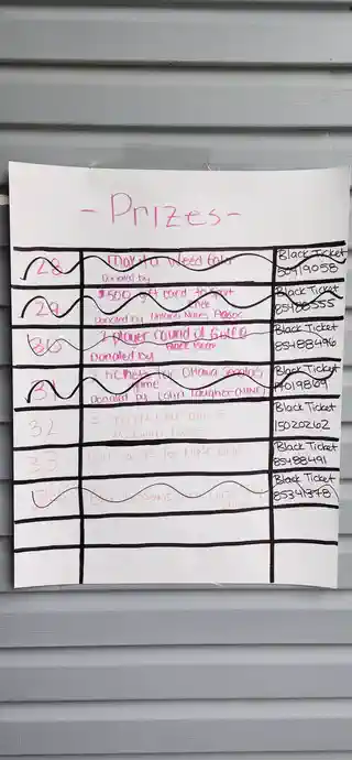 Golf tournament prize board with donated passes and prizes