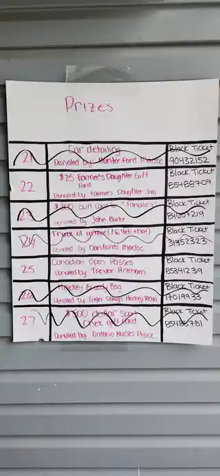 Second golf tournament prize board with donated passes and prizes