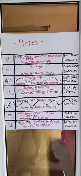 Fourth golf tournament prize board with donated passes and prizes